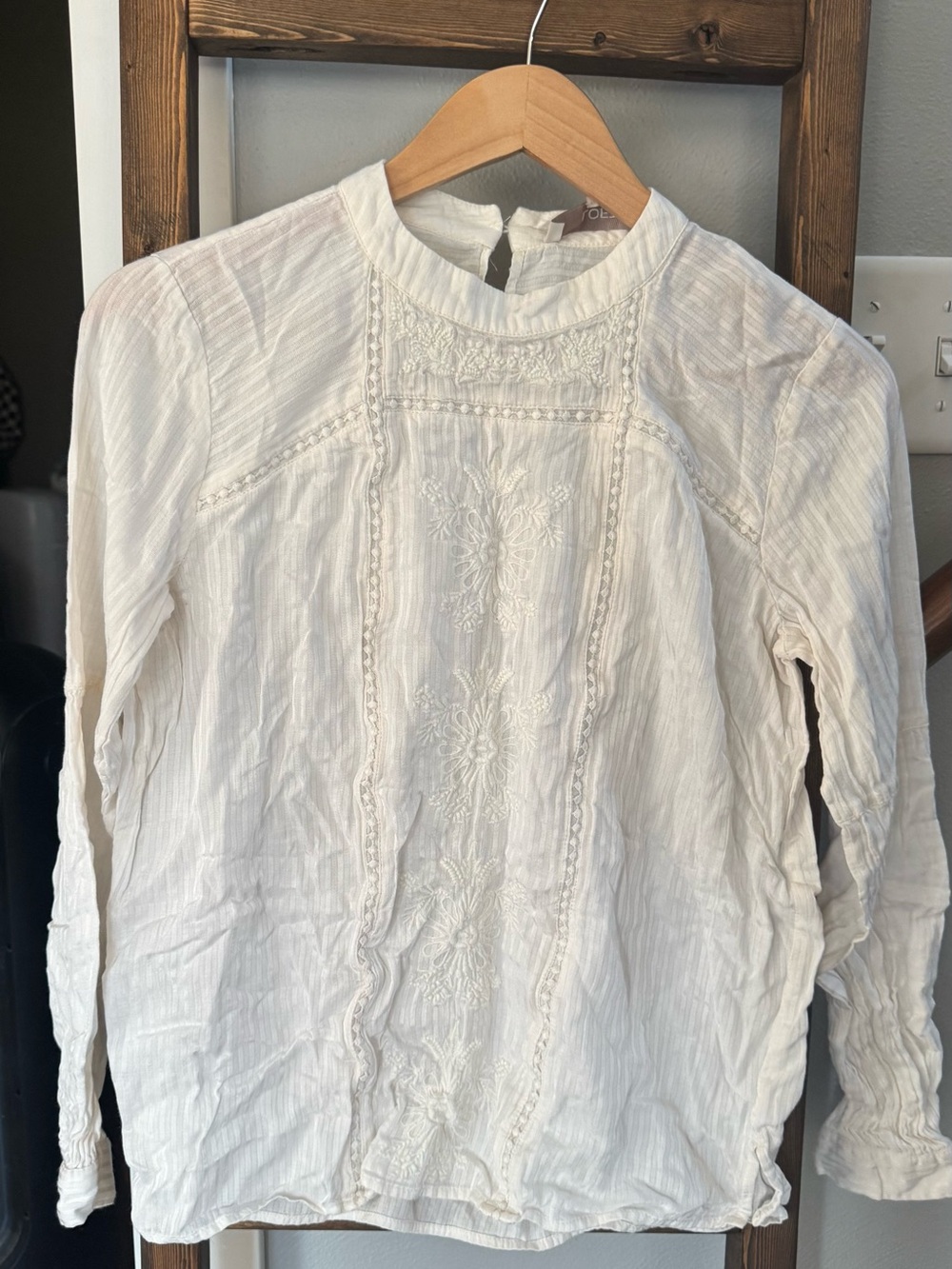 LOFT White Embroidered Pintuck Long-Sleeve Blouse